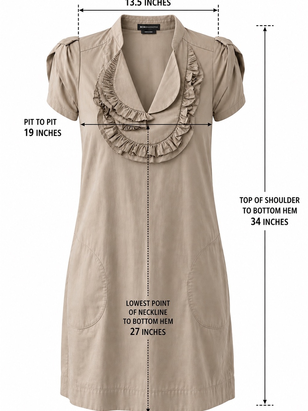 BCBGMAXAZRIA Ruffle Neck Shift Dress – Taupe/Beige – Size Small - Picture 4 of 9